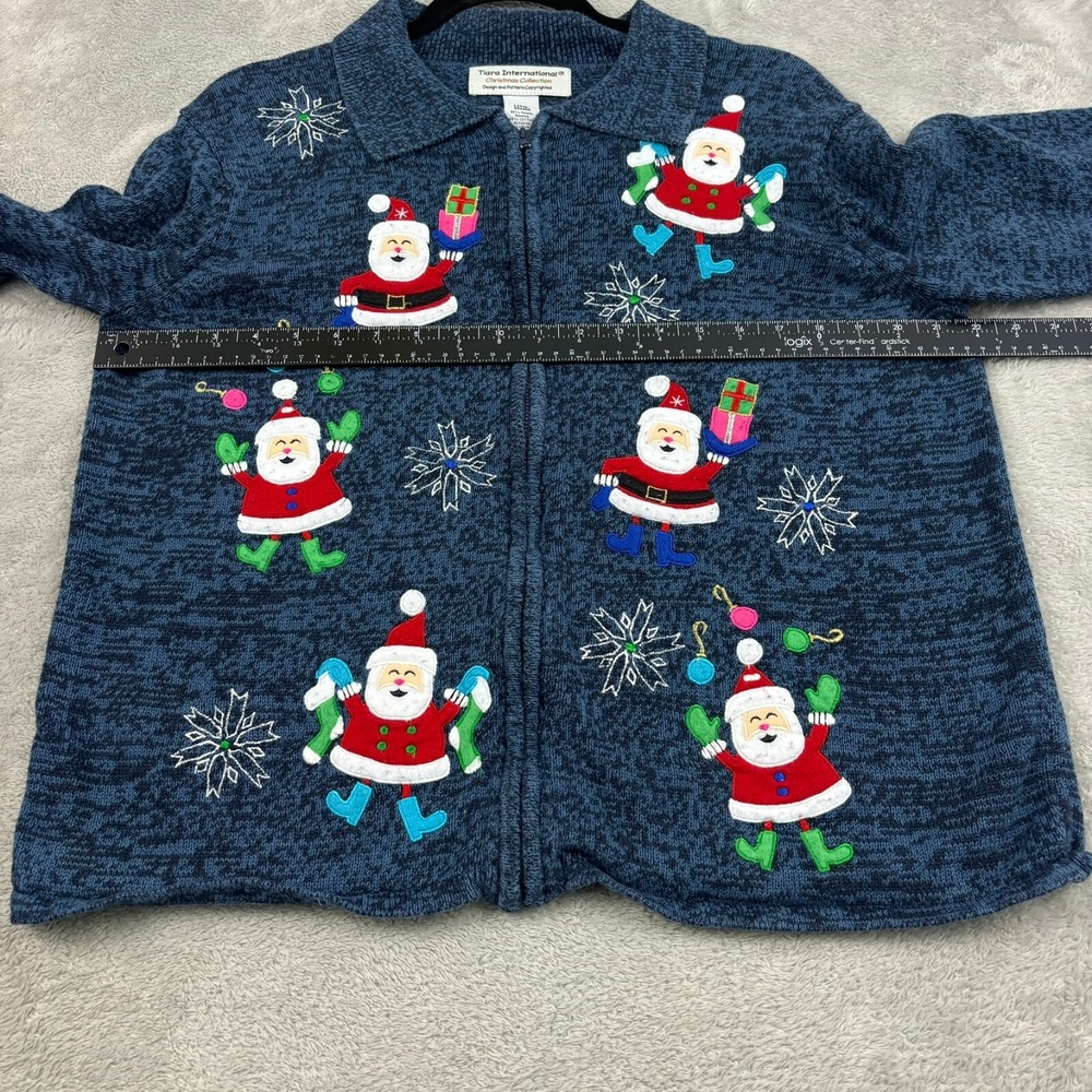 VTG Tiara International Christmas Santa Sweater Women L Blue Ramie Full Zip - Picture 14 of 16